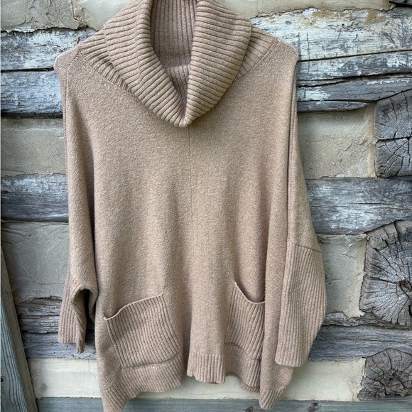 Loft Baggy Tan Cowl Neck Sweater with 2 Front Pockets Size L - Picture 1 of 5